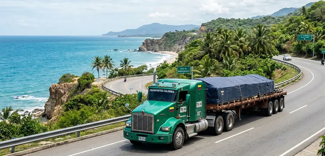 Fotografía de un camión articulado en una carretera junto al mar Caribe, que destaca los servicios de logística y transporte de carga terrestre en Barranquilla y la región Caribe.