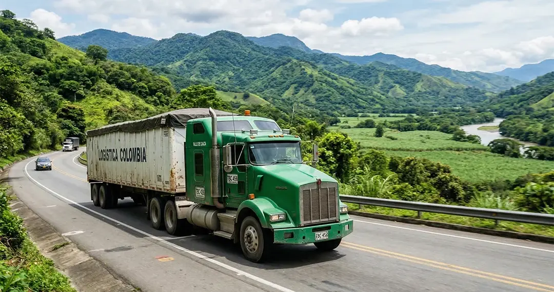 Camión de carga verde en carretera de Colombia: Logística y transporte terrestre de carga en el Valle del Cauca.